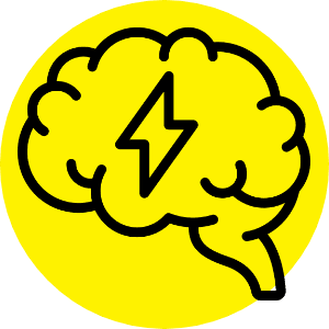Icon showing a brain supercharged with a lightning bolt
